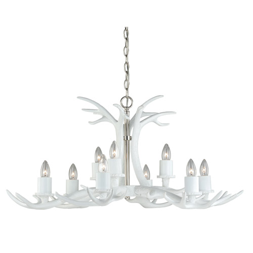 Vail Collection 9-Light Chandelier in Matte White with Polished Nickel Accents in Rustic Antler Design Vaxcel H0162