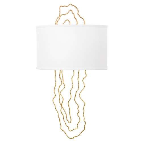 5th Avenue Collection 2-Light Wall Sconce in Vintage Gold Leaf with White Linen Drum Shade Corbett Lighting 404-02-VGL
