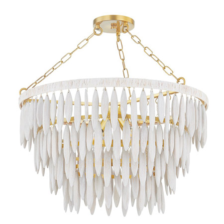 Tiffany Collection 4-Light chandelier in Aged Brass with Natural White-Washed Wood Beads Mitzi H805804-AGB