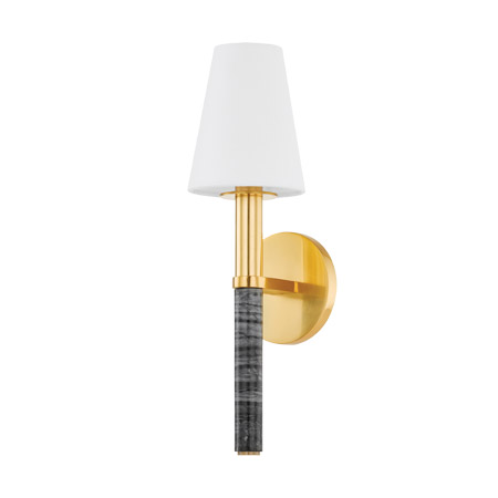 Montreal Collection 1-Light Wall Sconce in Aged Brass with Natural Stone and Tapered White Linen Shade Hudson Valley 5616-AGB