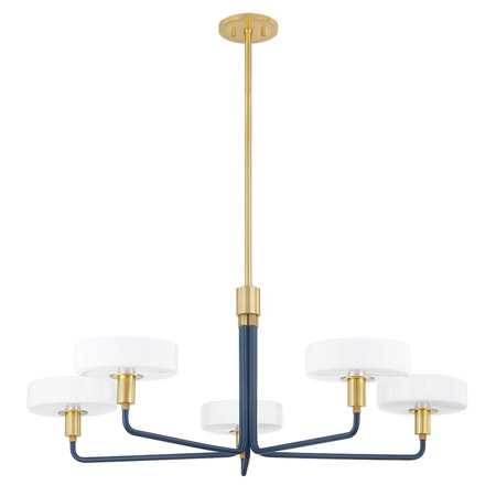 Aston Collection 5-Light Chandelier in Aged Brass and Slate Blue with Opal Shiny Glass Shades Mitzi H886805-AGB/SBL