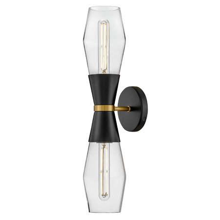Livie Collection 2-Light LED Wall Sconce in Black with Lacquered Brass Accents and Clear Glass Shades Lark 83902BK