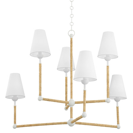 Mariana Collection 6-Light Chandelier in Textured White with Natural Raffia-Wrapped Frame and White Linen Shades Mitzi H708806-TWH