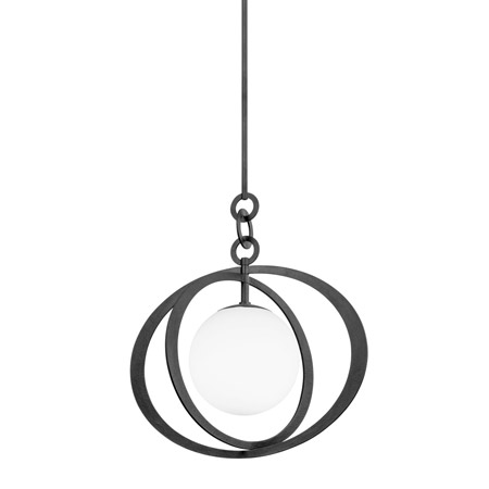 Olancha Collection 1-Light Pendant in Black Iron with Opal Glossy Globe Troy F7932-BI
