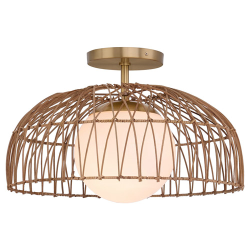 Art Deco Collection 1-Light Pendant or Semi-Flush Mount in Natural Brass with Open Weave Natural Rattan Shade and White Etched Glass Shade Meridian M7043NB