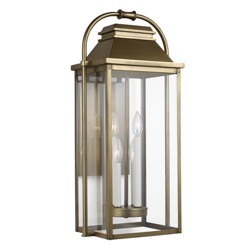 Wellsworth Collection 4-Light Lantern in Painted Distressed Brass with Clear Glass Panels Visual Comfort Studio OL13202PDB