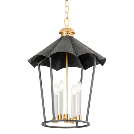 Wildomar Collection 4-Light Lantern in French Iron and Vintage Gold Leaf with Retro Ruffled Metal Shade Troy Lighting F3718-VGL/FRN