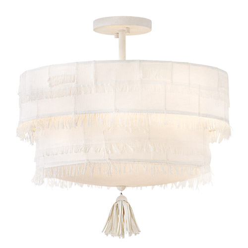 Baya Collection 4-light Semi-Flush Mount in Textured Plaster with Off-White Fabric Shade and Leather Tassel Accent 47421TXP