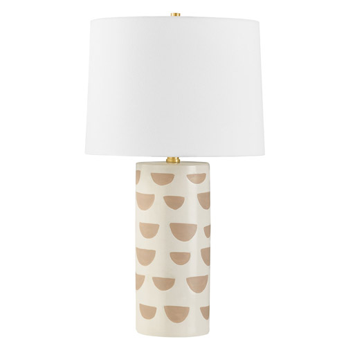 Minnie Collection 1-Light Table Lamp with Glossy Satin White Geometric Patterned Base and Aged Brass Accents with White Linen Shade Mitzi HL714201A-AGB/CWO