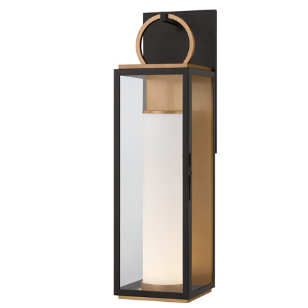 Gareth Collection LED Outdoor Wall Sconce in Patina Brass/Textured Black with Opaque Glass Cylinder Troy Lighting B6730-PBR/TBK