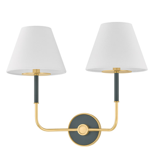 Wedgewood Collection 2-Light Wall Sconce in Aged Brass and Studio Green with White Linen Fabric Shades Hudson Valley MDS2201-AGB/SSG