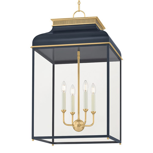 Houghton Collection 4-Light Hanging Lantern in Darkest Blue with Aged Brass Accents and Clear Glass Panels Hudson Valley MDS2401-AGB/DBL