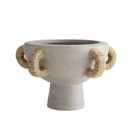 Clyde Centerpiece Terracotta is molded into a kylix shaped piece, finished in Fossil Gray. Five abaca wrapped handles complete the look.