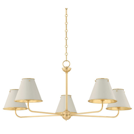 Burghley Collection 5-Light Chandelier in Brass with Ball Accent and Bolts with Off-White Outer/Brass Inner Metal Shades Hudson Valley MDS2000-AGB-OW