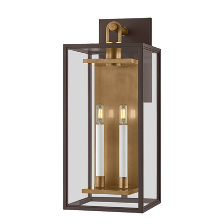 Arnold Collection 2-Light Outdoor Wall Mount Lantern in True Bronze and Patina Brass with Clear Glass Panels Troy Lighting B6524-PBR-TBZ