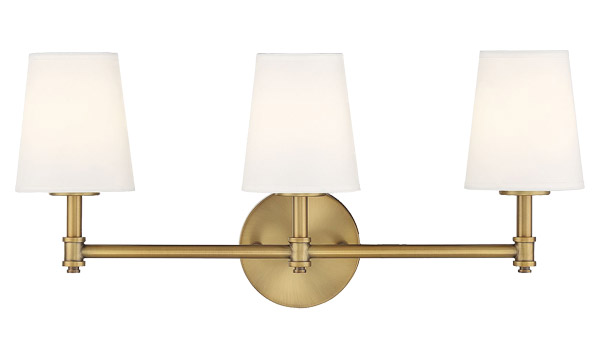 Meridian Collection 3-Light Bath Vanity in Natural Brass with White Linen Fabric Shades Savoy House M80051NB