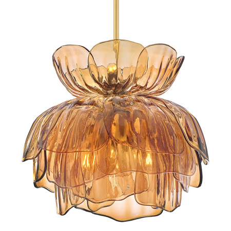 Fantine Collection LED Chandelier in Unlacquered Brass with Layered Artisan-Sculpted Amber Glass Shade Fredrick Ramond FR46895UB-AM