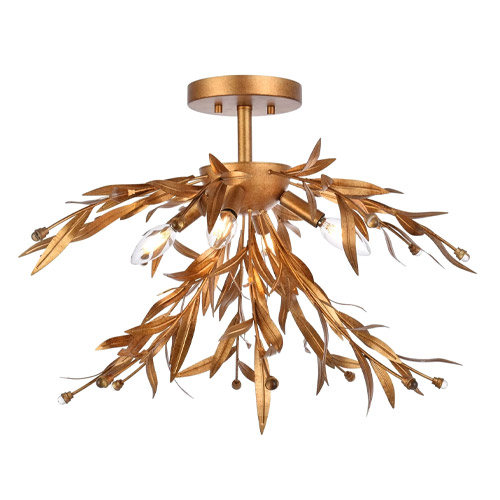 Priscilla Collection 4-Light Flush Mount in Distressed Gold Leaf with Crystal-Tipped Leafed Branches LD810F23GL