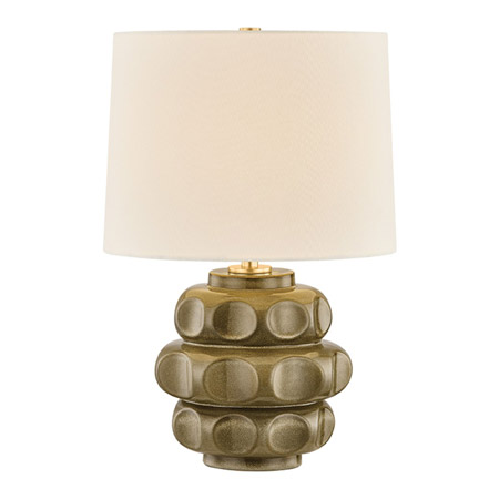 Drew Collection 1-Light Table Lamp in Aged Brass with Geometric Ceramic Mocha Luce Base and Off-White Linen Shade Mitzi HL1202201-AGB-CML
