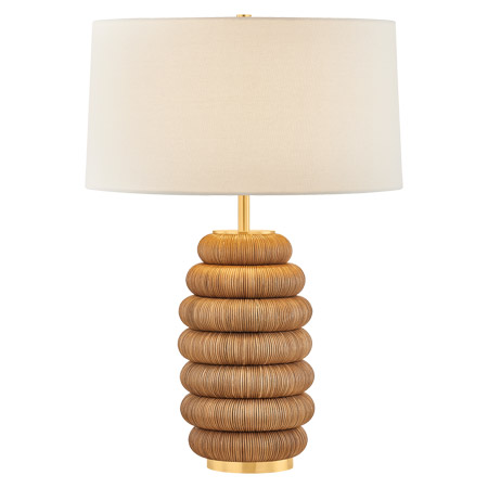 Winbrook Collection 1-Light Table Lamp in Aged Brass with Tiered Natural Pencil Rattan and Off White Linen Shade Hudson Valley L1128-AGB