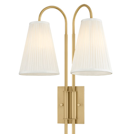Limoge Collection 2-Light Wall Sconce in Vintage Brass with Gooseneck Arms and White Gathered Silk Shades Corbett 585-02-VB